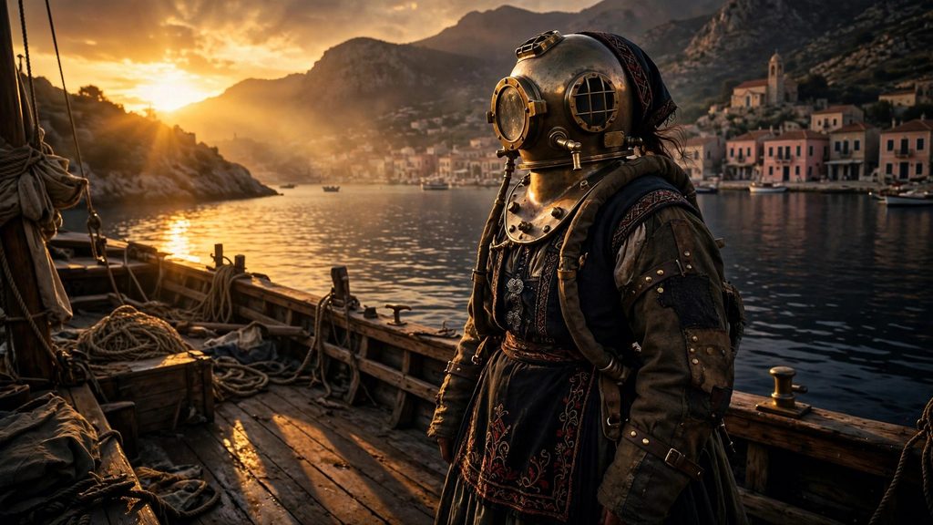 A wide historical scene of a woman in traditional Greek clothes wearing a vintage brass diving helmet on a wooden boat deck at sunset.