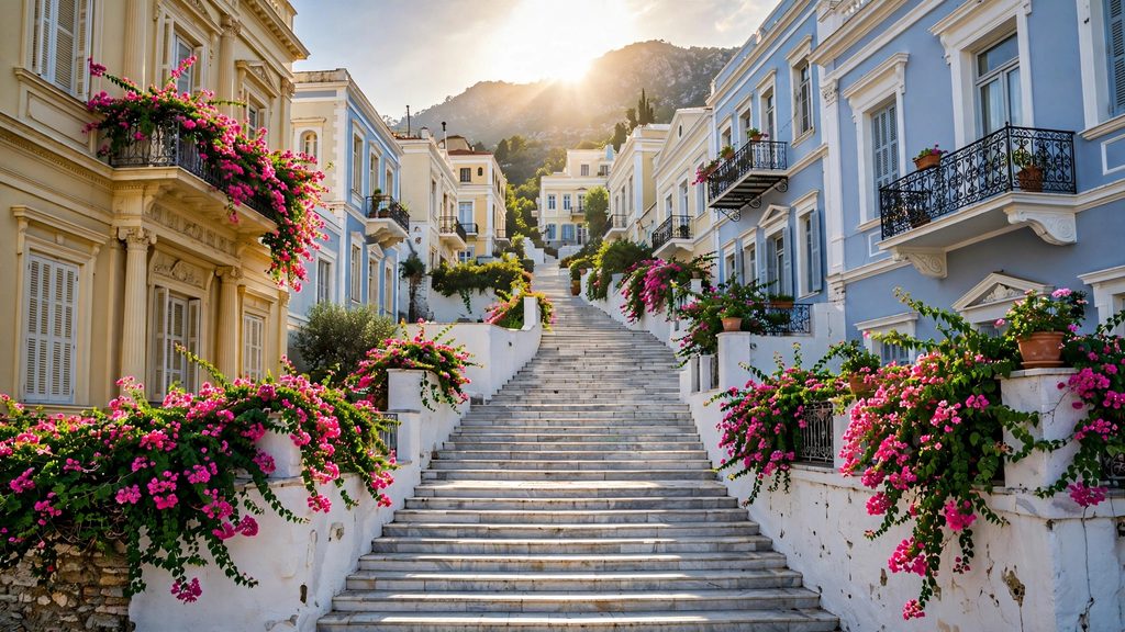 A wide view looking up a broad stone staircase lined with colorful Greek neoclassical houses and flowering bougainvillea under morning sunlight.