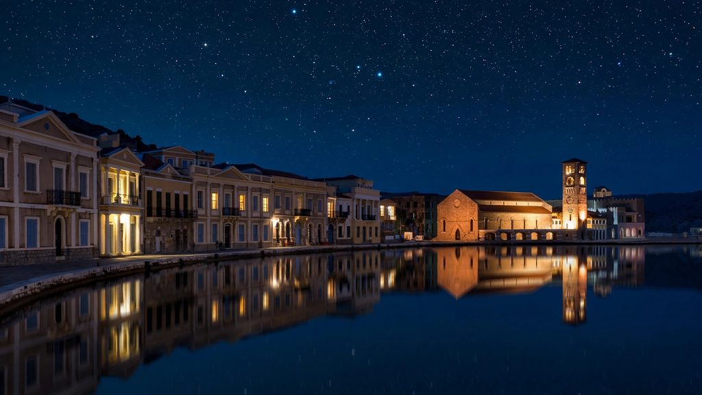 A wide long-exposure photograph of a quiet Greek harbor town at night showing dark neoclassical mansions and an illuminated clock tower reflecting in still water.