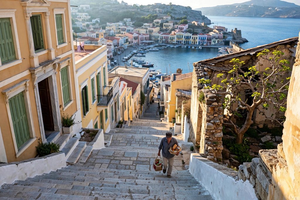 Stone steps of the Kali Strata descending between old houses toward the harbor of Gialos on Symi