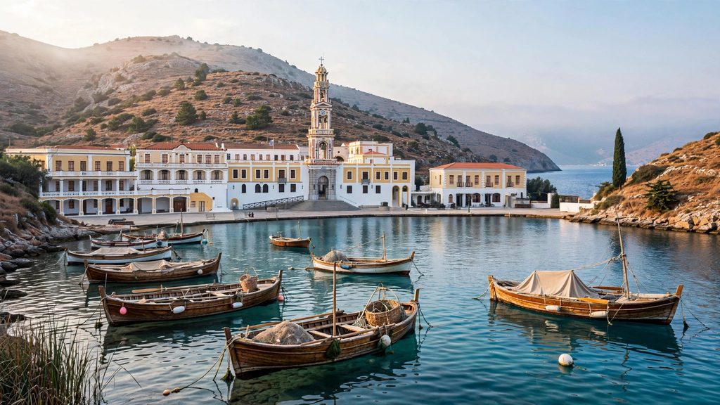 A wide photograph of a white Greek monastery and tall bell tower bordering a calm blue bay under morning sun.