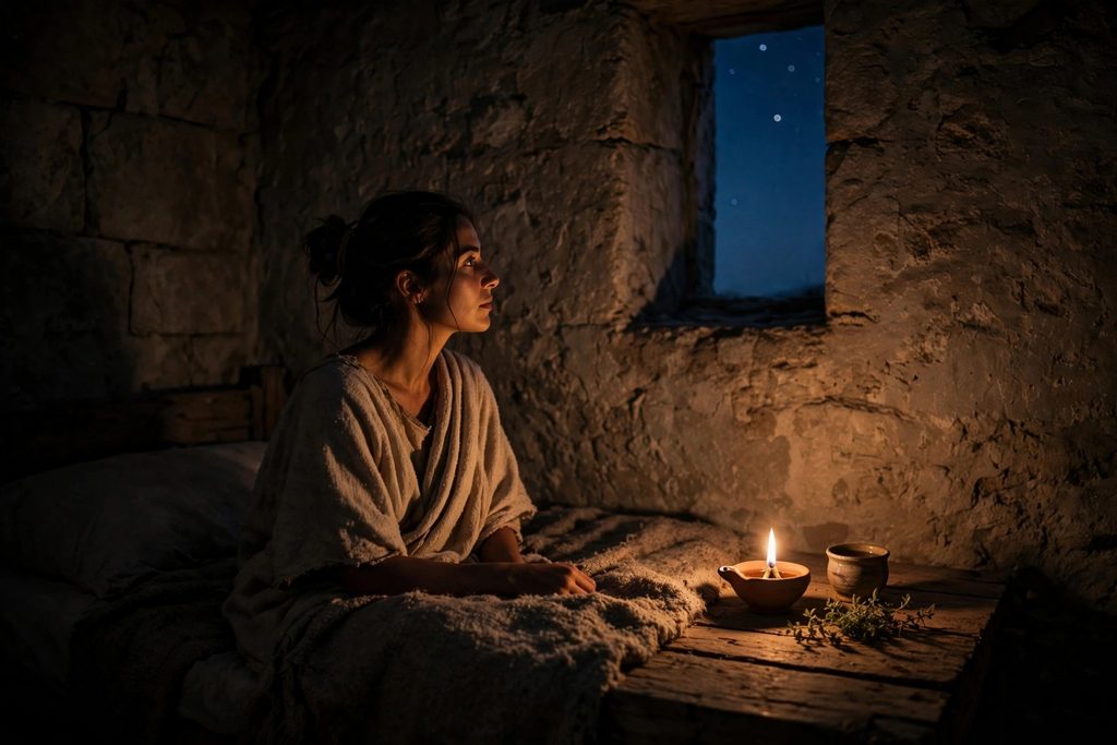 A woman sits awake on a low bed in a dim ancient stone room lit by a single clay oil lamp at night