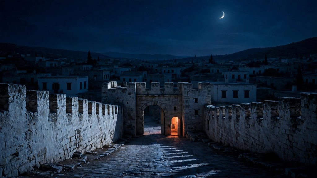A quiet ancient Greek city at night under a crescent moon with dark houses and only a single soft warm light.