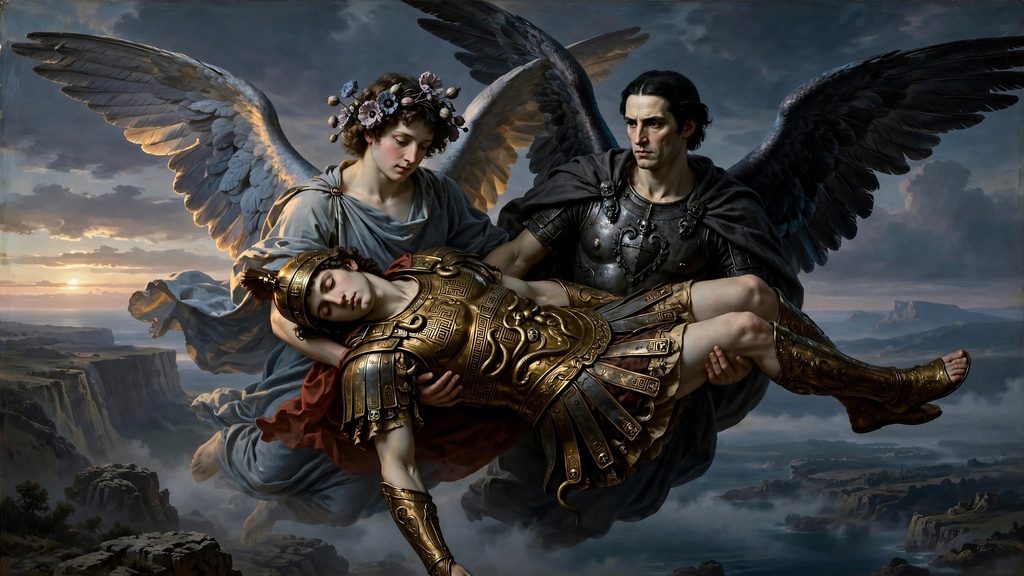 A classical painting of two winged brothers, Sleep and Death, gently lifting and carrying a fallen Greek hero in armor through a twilight sky.
