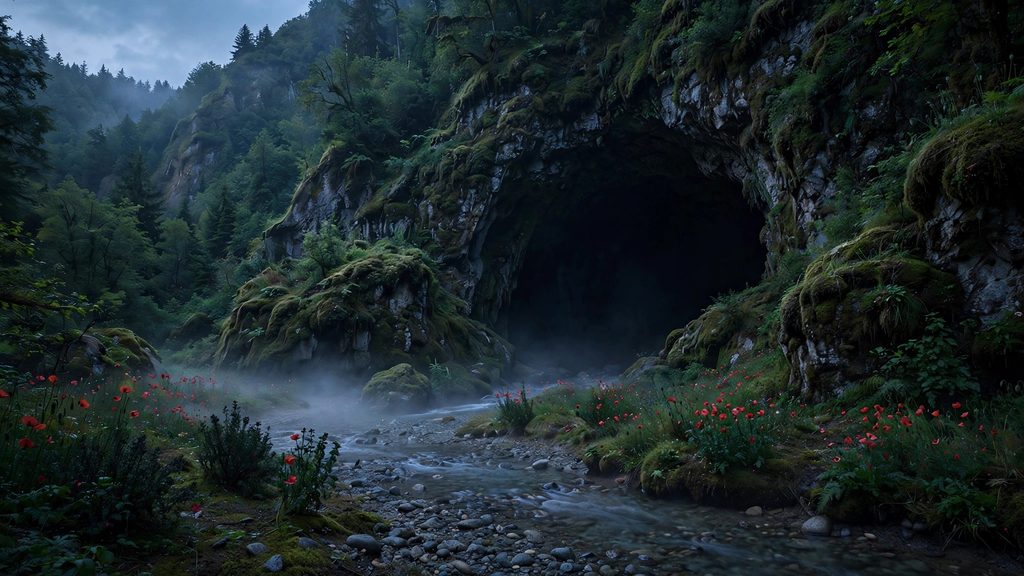 A wide photograph of a misty cave opening surrounded by red poppies and a small quiet stream flowing over pebbles.