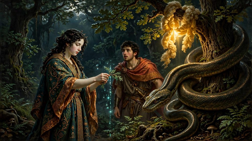 A wide painting of a sorceress holding a sprig of herbs toward a large coiled serpent in a dark forest at night.
