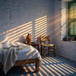 A cool whitewashed Greek bedroom at siesta time with sunlight striping through closed green shutters onto a white bed