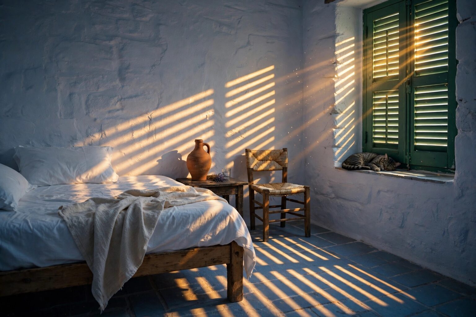 A cool whitewashed Greek bedroom at siesta time with sunlight striping through closed green shutters onto a white bed