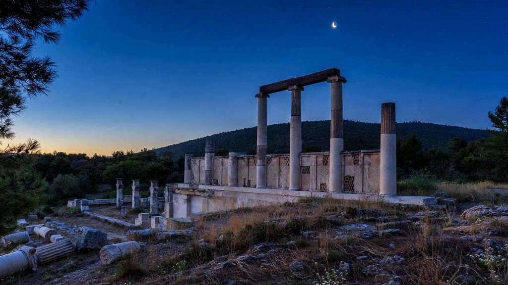 Ruined stone foundations and column drums of the Asklepieion at Epidaurus among pines at blue hour under a crescent moon