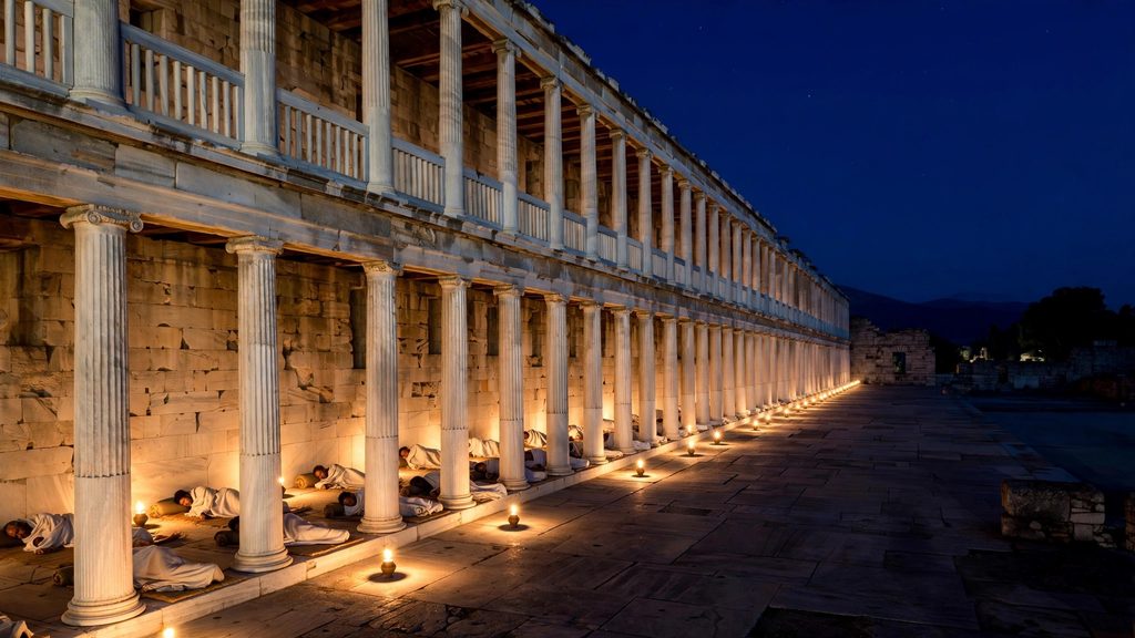 A wide photograph of people lying on mats sleeping between marble columns in an ancient Greek temple at night.