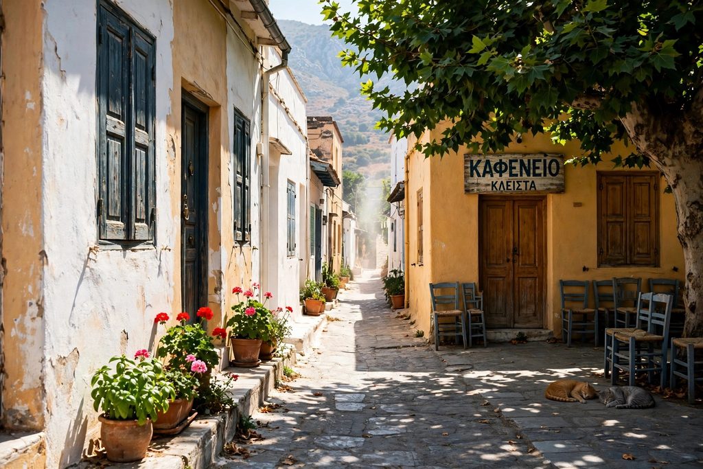 An empty stone lane in a Greek village at midafternoon with closed shutters, a shaded plane tree and cats asleep in the shade