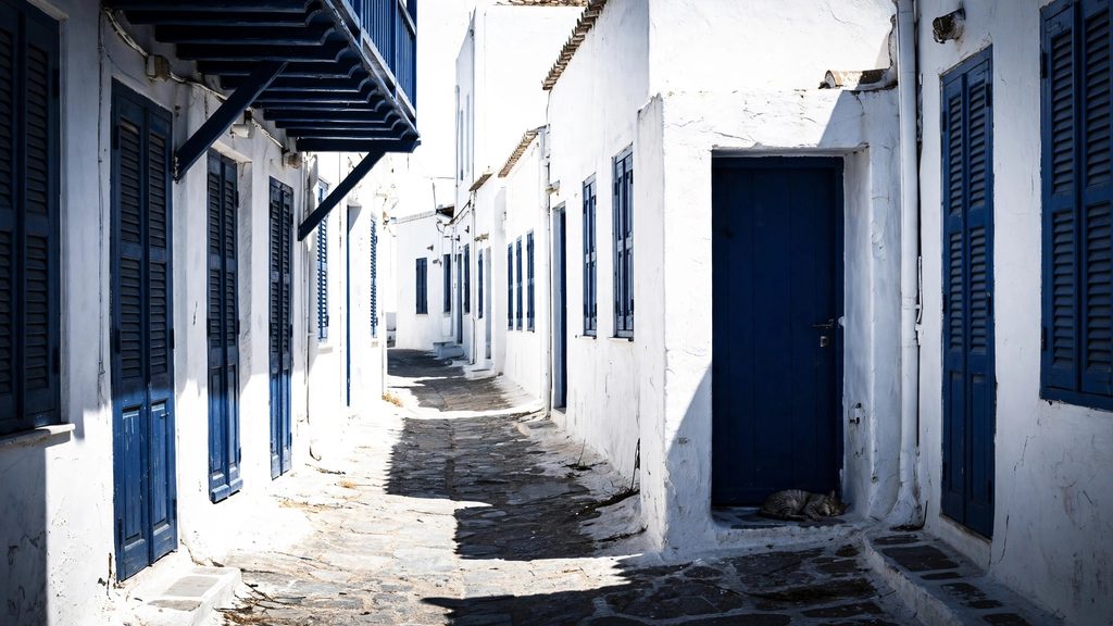 A wide photograph of a sun-drenched whitewashed Greek alleyway with closed blue shutters and a sleeping cat in the shade.