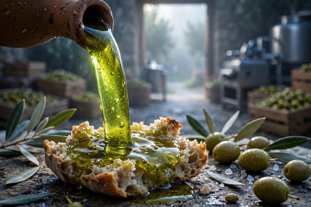 Overhead still life of Greek pantry ingredients including green olive oil, thyme honey, barley rusks, saffron, mastic resin, dried herbs and a halved citron on an olive-wood table