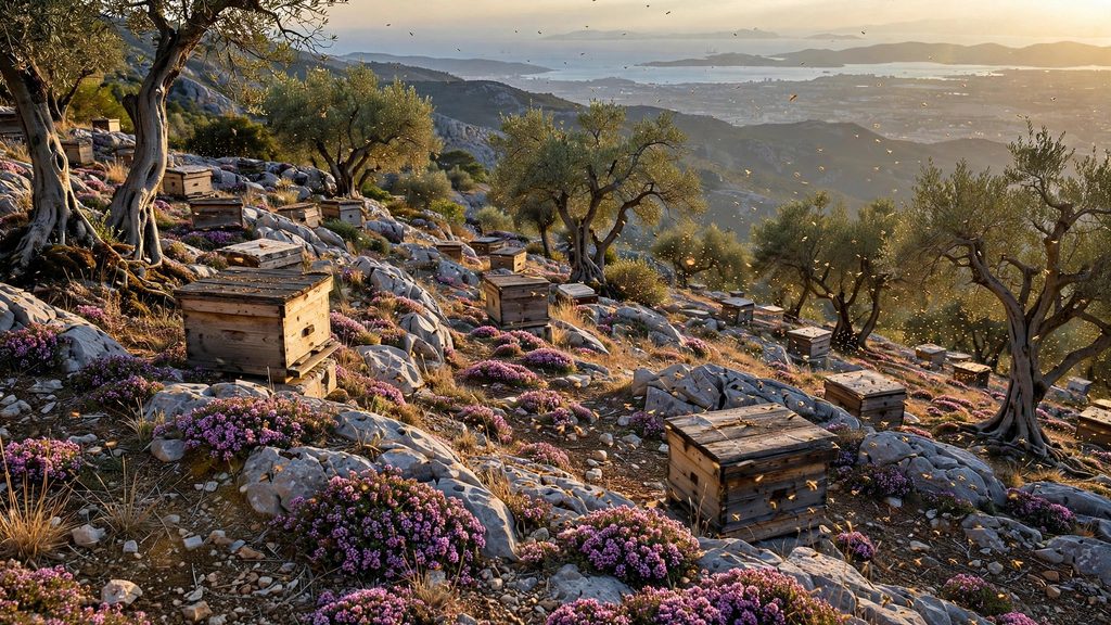 A wide photograph of traditional beehives on a rocky Greek mountain slope covered in purple wild thyme under golden afternoon light.