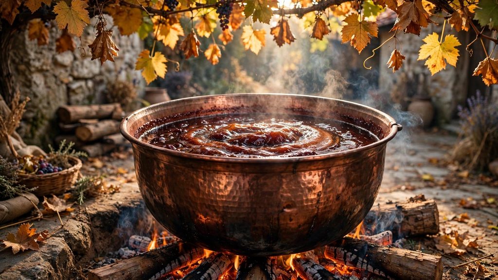 A wide photograph of a large copper cauldron simmering over a wood fire outdoors filled with dark boiling grape syrup.