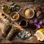 Overhead still life of Greek pantry ingredients including green olive oil, thyme honey, barley rusks, saffron, mastic resin, dried herbs and a halved citron on an olive-wood table