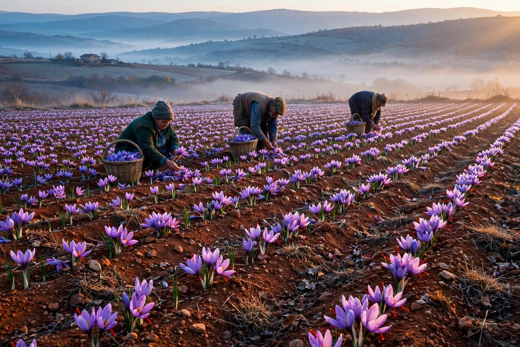 Farmers picking violet saffron crocus flowers at dawn in a misty field in Kozani, Greece