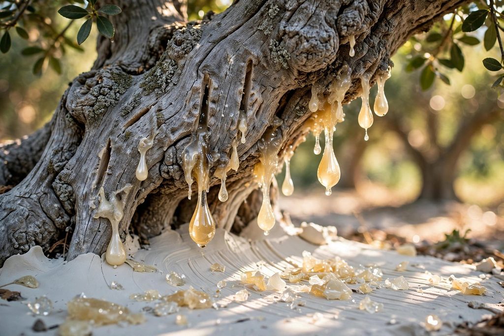 Translucent drops of mastic resin seeping from cuts in the bark of a mastic tree on Chios above white clay ground