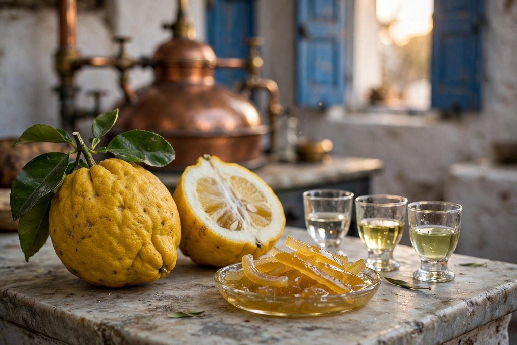 Fresh and halved citron with candied peel and three glasses of clear, yellow and green kitron liqueur in front of a copper still
